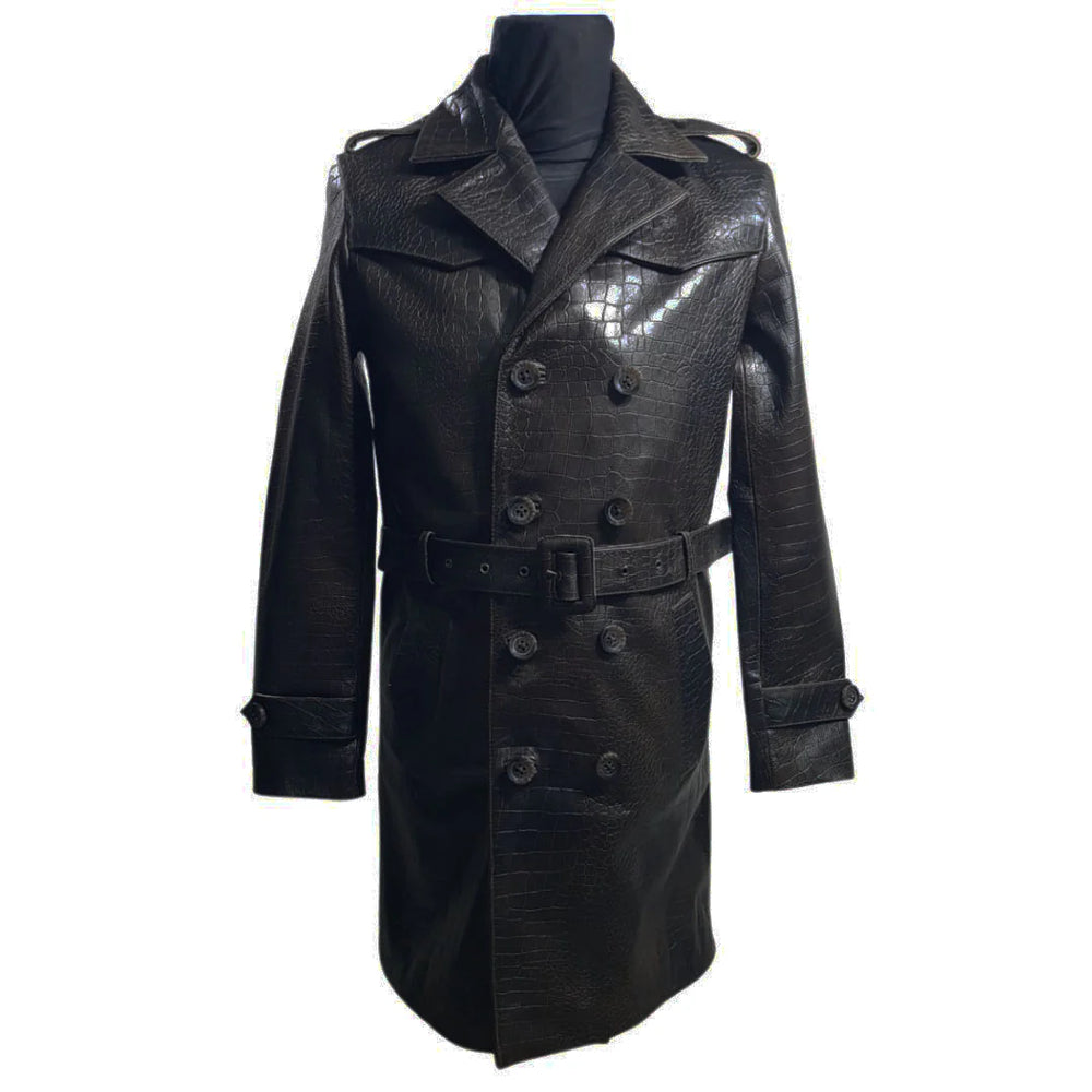 Front view of Jonathan's elegant croc print overcoat, showcasing the textured embossed leather and double-breasted design.