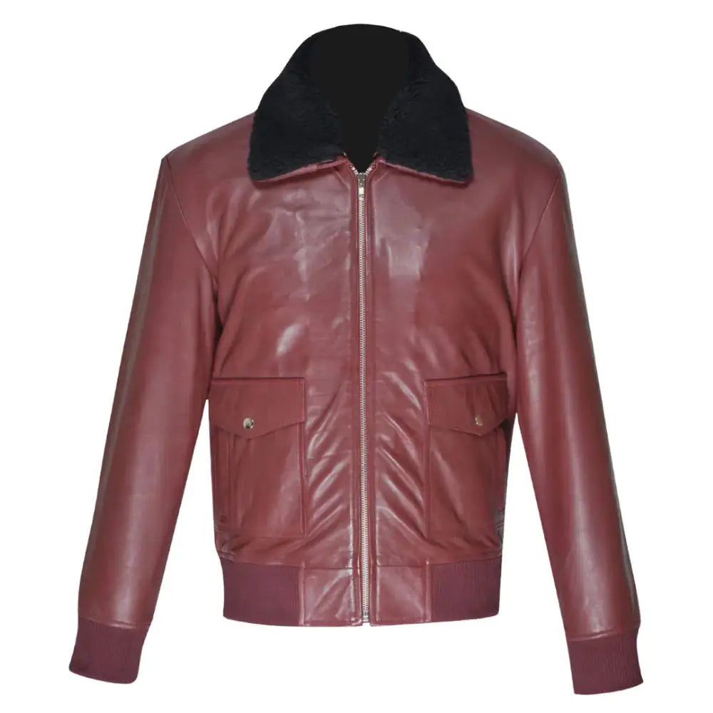 Front view of Justin's Burgundy A2 Bomber leather jacket made from lambskin, with a classic zip closure, ribbed knit cuffs, and a shirt-style collar.