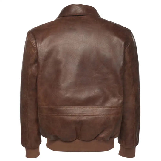 Back view of the Laurent Vintage Brown A2 Bomber Jacket, highlighting the clean leather design and traditional bomber silhouette.