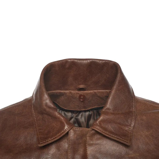 Detailed view of the shirt-style collar on Laurent Vintage Brown A2 Bomber Jacket, highlighting the smooth leather craftsmanship.