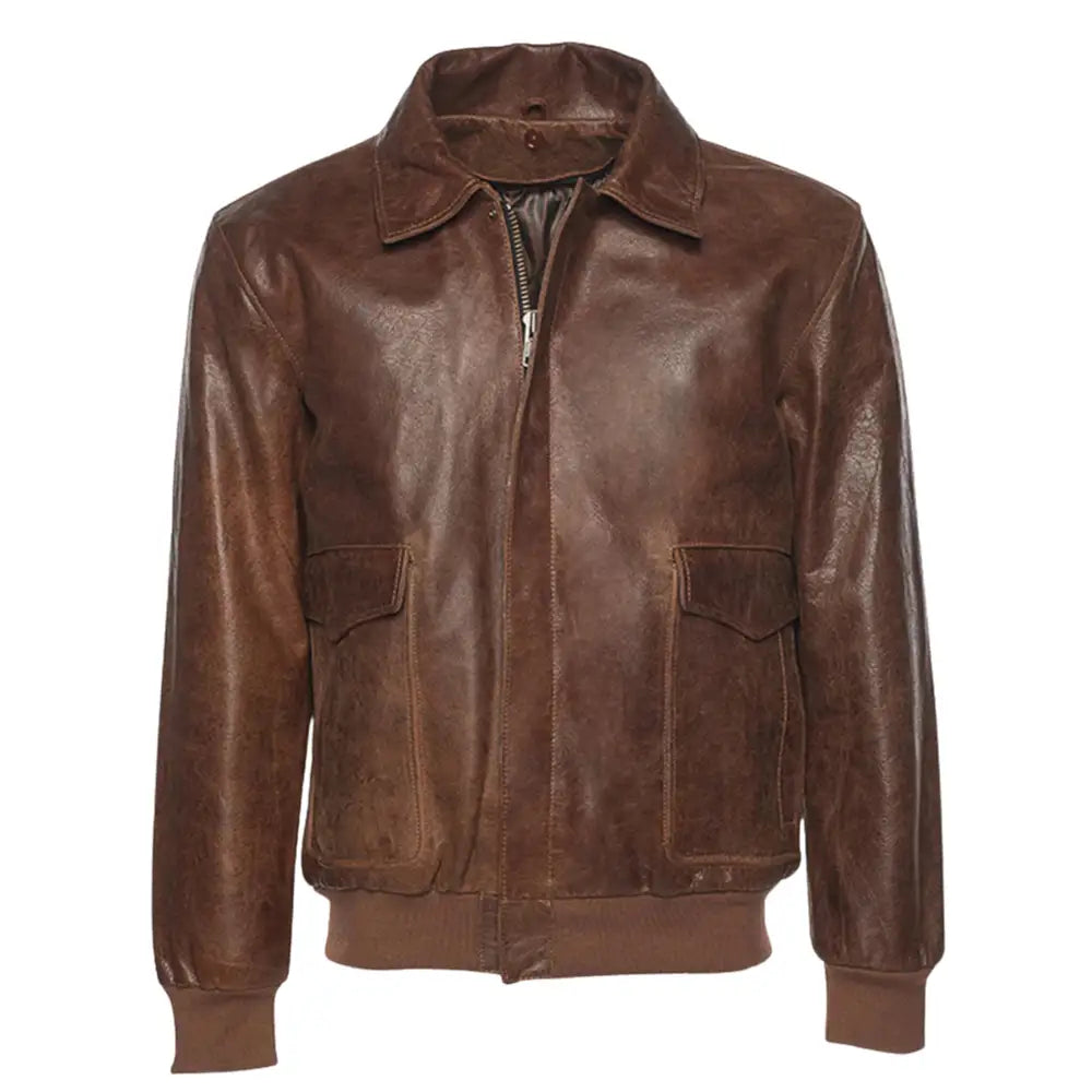 Front view of the Laurent Vintage Brown A2 Bomber Jacket, featuring a classic leather design with front zipper closure.