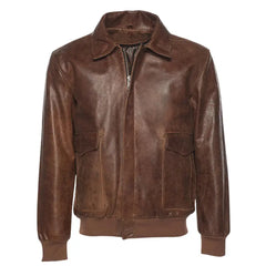 Front view of the Laurent Vintage Brown A2 Bomber Jacket, featuring a classic leather design with front zipper closure.