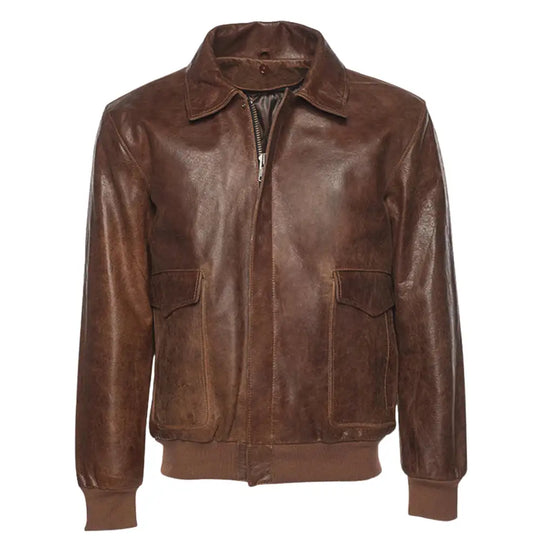 Front view of the Laurent Vintage Brown A2 Bomber Jacket, featuring a classic leather design with front zipper closure.