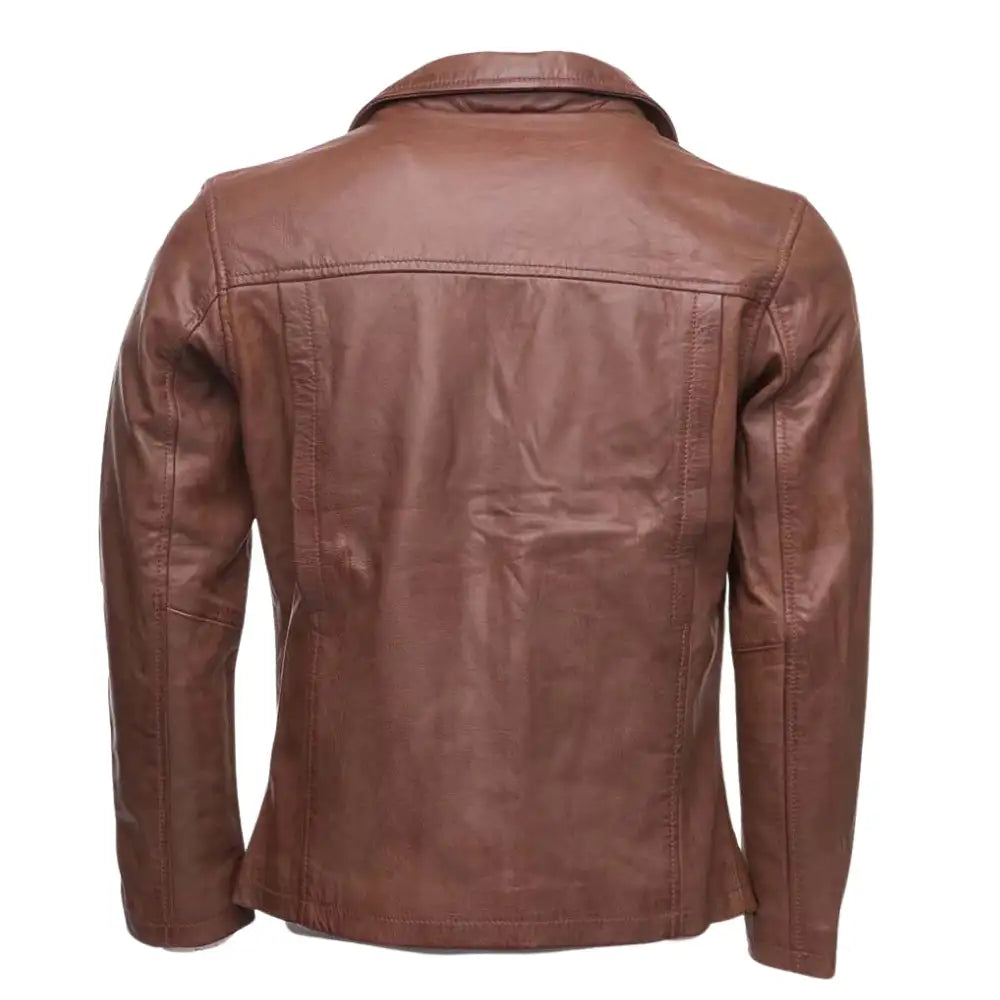 Back view of Liam Jackson Dark Cognac Leather Biker Jacket highlighting clean leather panels