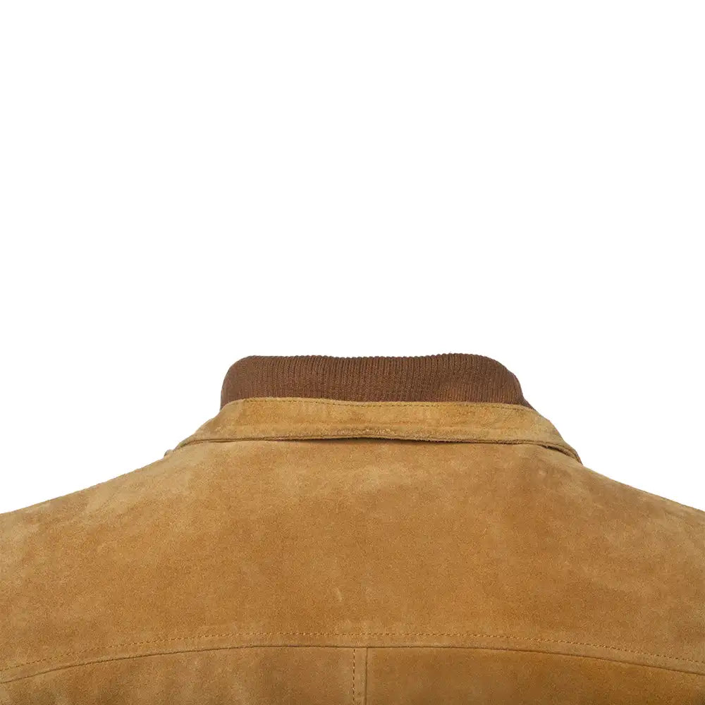 Close-up of Lincoln tan suede driving coat back with brown collar on a white background