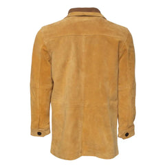 Rear view of Lincoln tan suede Brown leather driving coat on a white background.