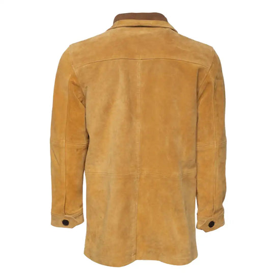 Rear view of Lincoln tan suede Brown leather driving coat on a white background.