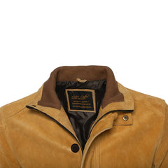 Close-up of Lincoln tan suede driving coat with brown collar and black interior on a white background