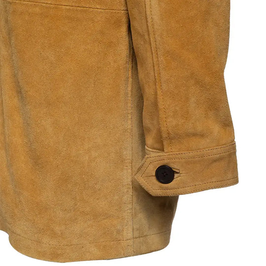 Close-up of Lincoln tan suede Brown leather driving coat with sleeves and a button on a white background.