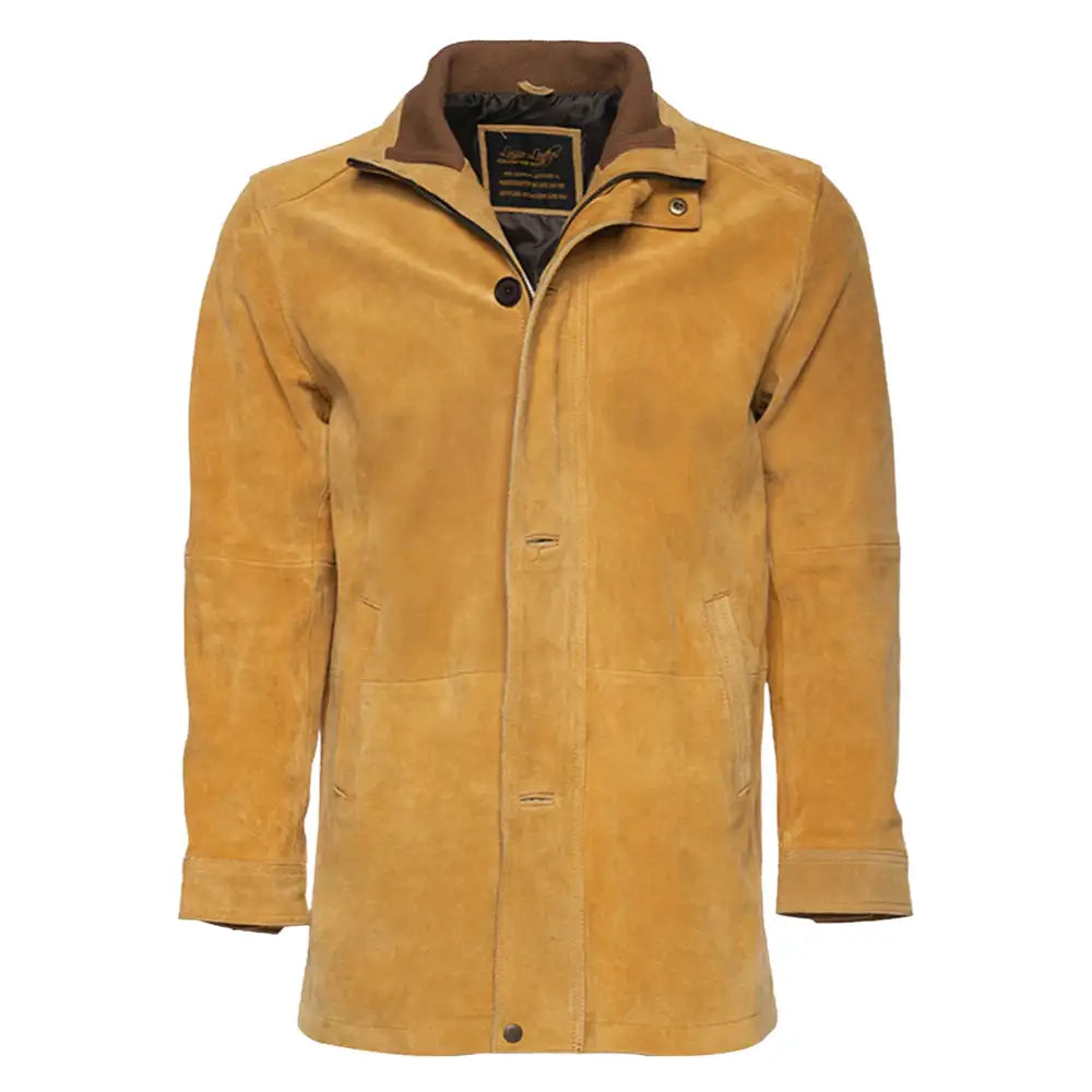 Front view of Lincoln tan suede Brown leather driving coat on a white background.