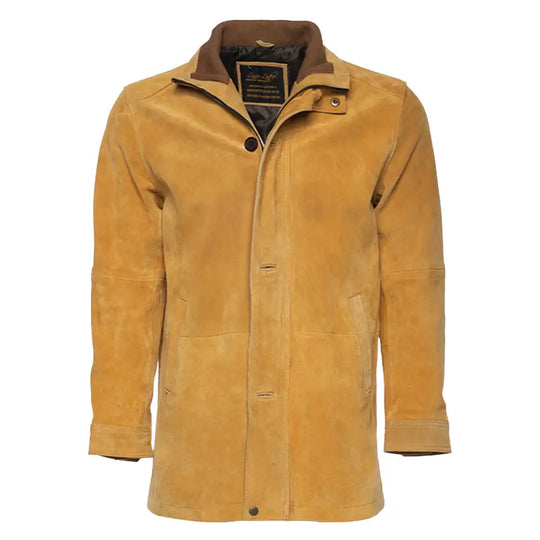 Front view of Lincoln tan suede Brown leather driving coat on a white background.