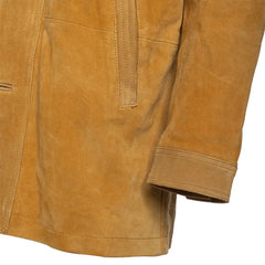 Close-up of Lincoln tan suede Brown leather driving coat with sleeves and a pocket detail on a white background.