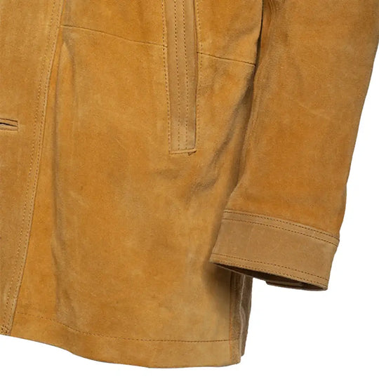 Close-up of Lincoln tan suede Brown leather driving coat with sleeves and a pocket detail on a white background.