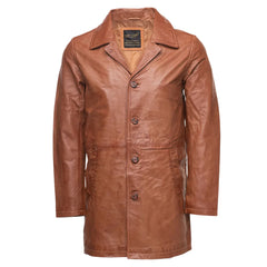 Logan English Tan Leather Trench Coat front view tan leather trench coat with classic long silhouette