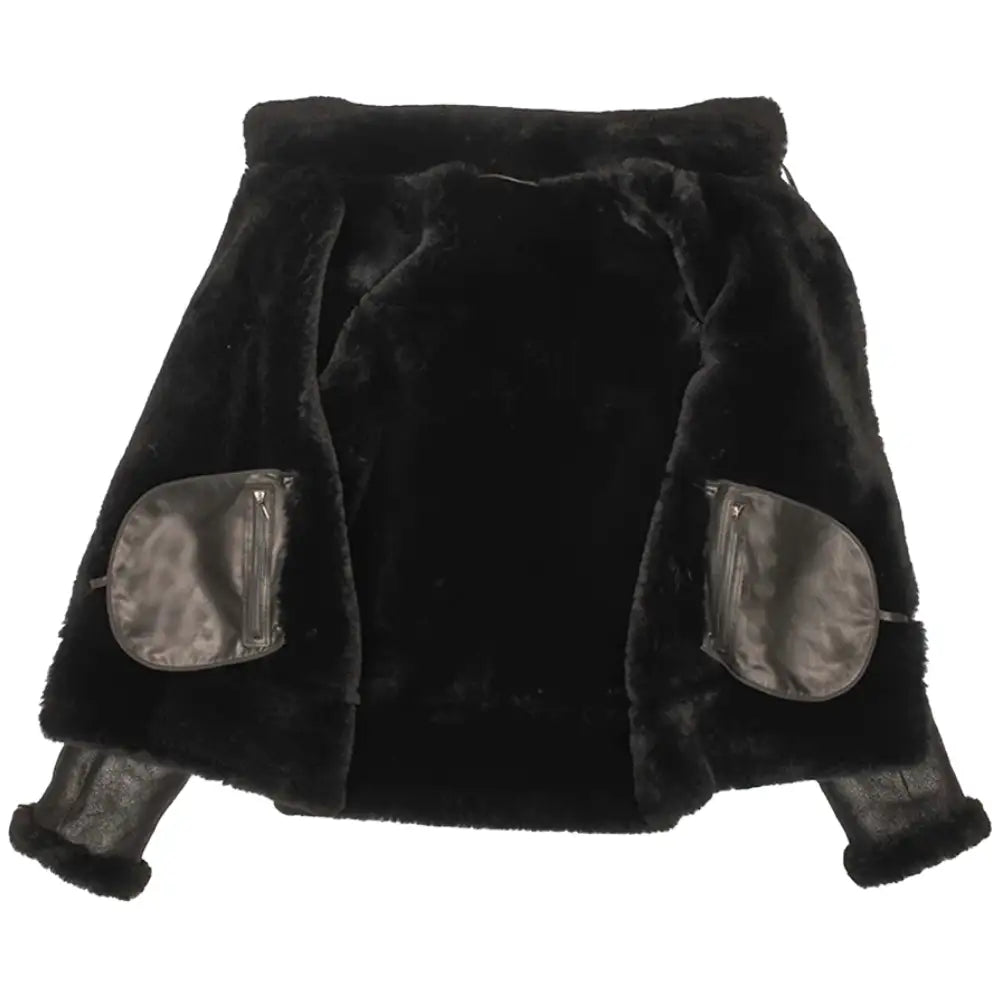 Close-up showing the full shearling lining inside the Lucas Black Aviator Bomber Shearling Jacket, highlighting the warmth and comfort it offers.