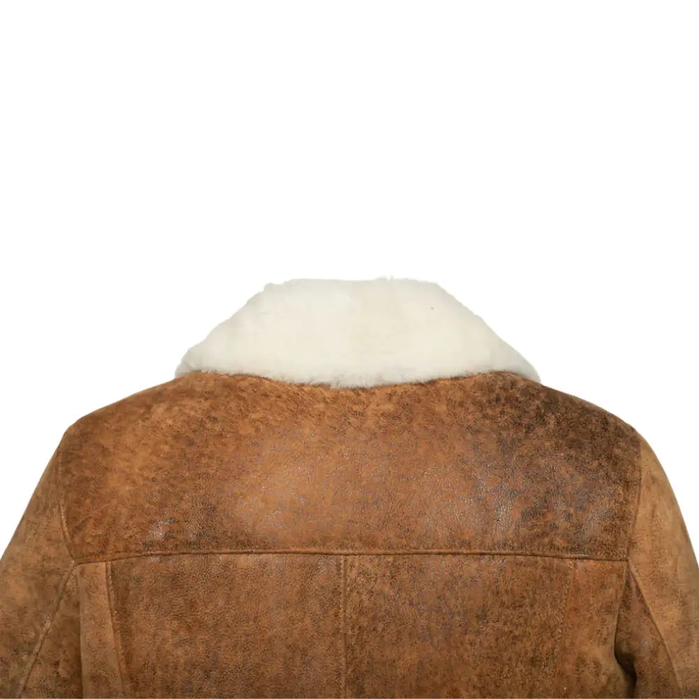 Close-up shot highlighting the texture of Lucian's distressed lambskin leather back view used in the A2 bomber shearling jacket.