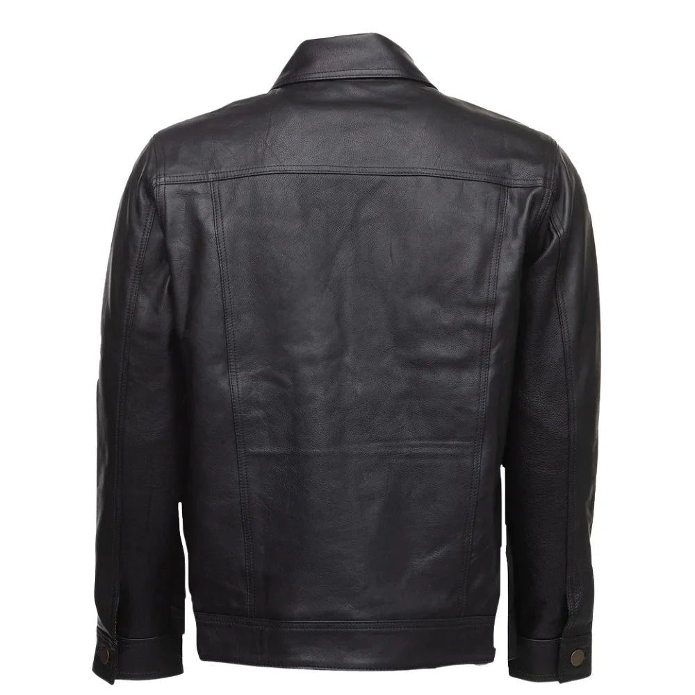 Mason Trucker Leather Jacket back view black leather trucker jacket