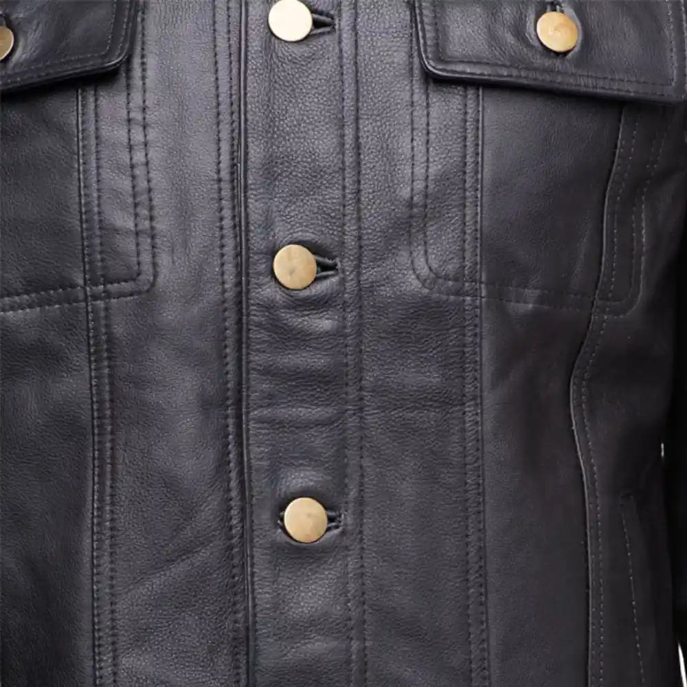 Mason Trucker Leather Jacket front panel leather detail