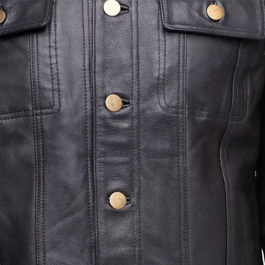 Mason Trucker Leather Jacket front panel leather detail