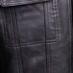 Mason Trucker Leather Jacket close up of chest pocket on leather trucker jacket