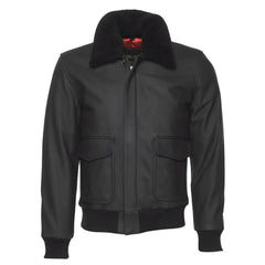 Front view of the matte black A2 bomber leather jacket, with the front unzipped and open.
