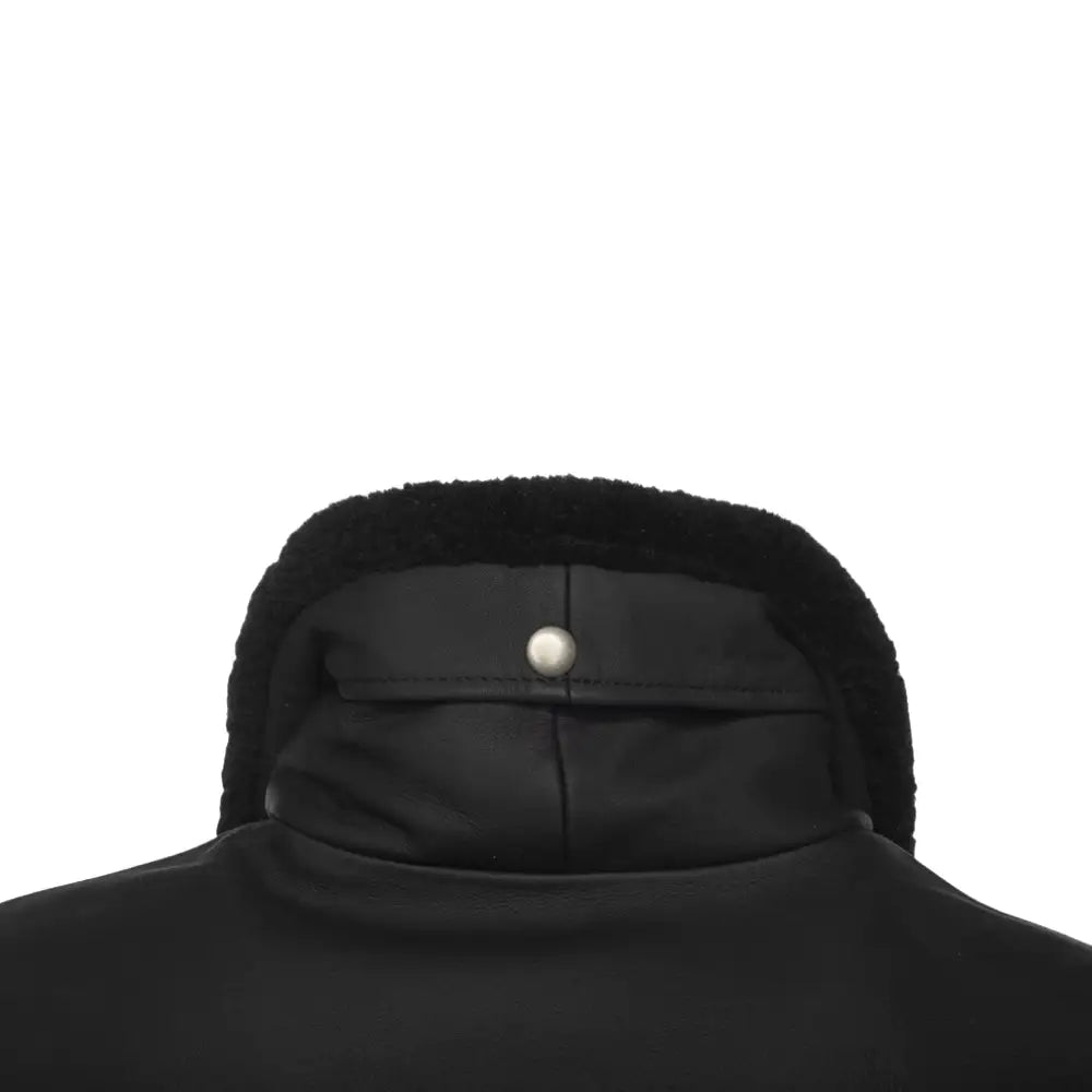 Close-up of the shirt collar and back view of the matte black A2 bomber leather jacket.