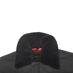 Close-up of the shirt collar of a matte black A2 bomber leather jacket.