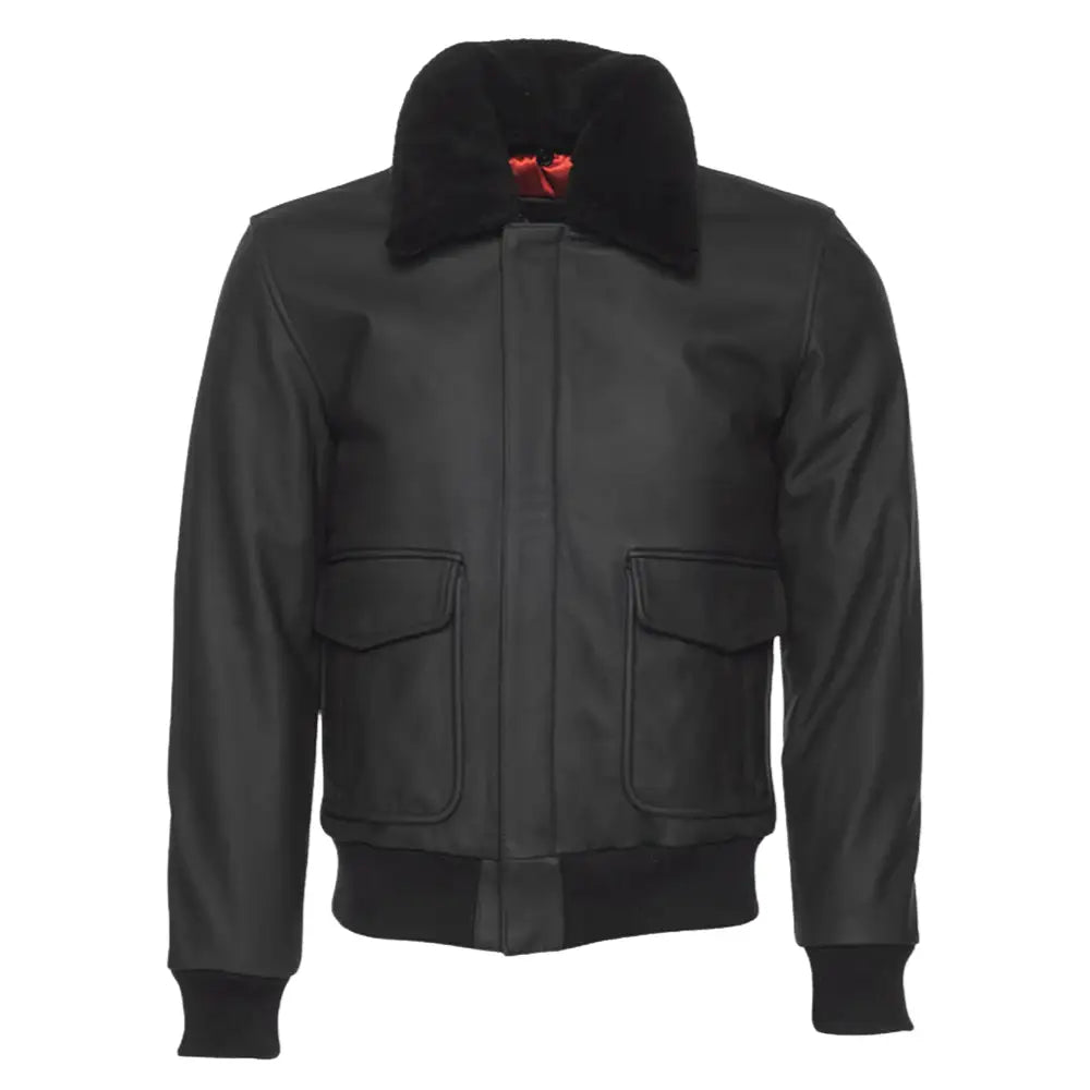 Front view of a closed matte black A2 bomber flight jacket, showcasing the front zipper and collar.