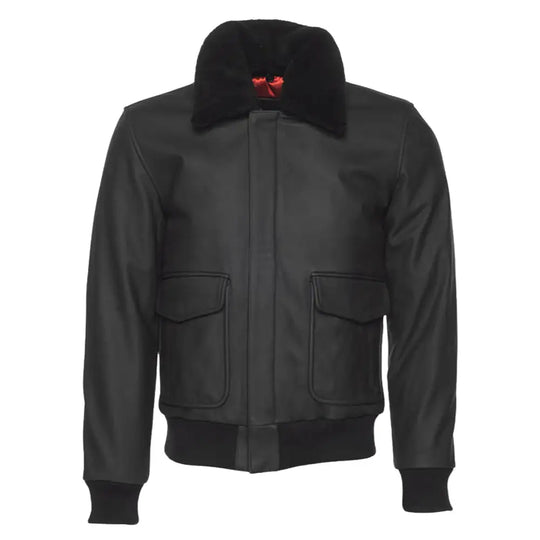 Front view of a closed matte black A2 bomber flight jacket, showcasing the front zipper and collar.