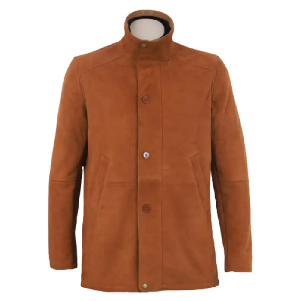 Front Closed view of tan suede buttoned up coat with black collar on a white background.