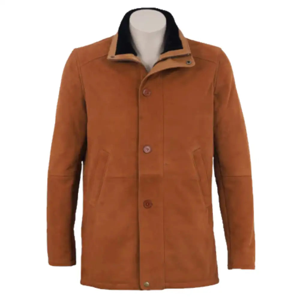 Front view of tan suede buttoned up coat with black collar on a white background.
