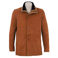 Front view of tan suede buttoned up coat with black collar on a white background.