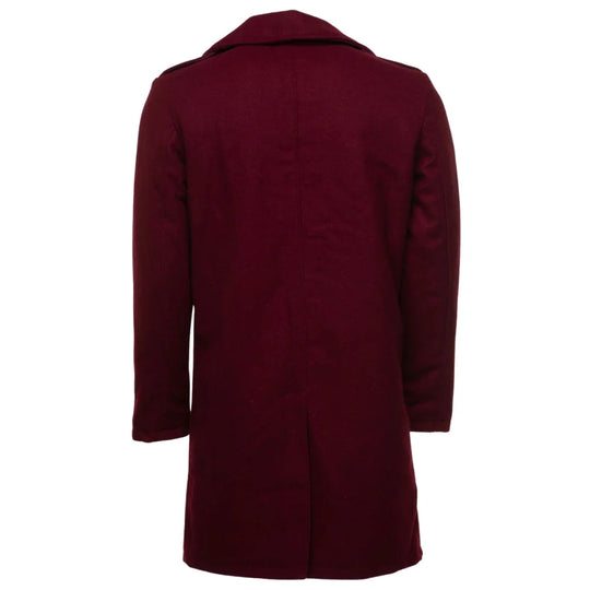 Back view of a men's burgundy wool 3/4 length coat showing a clean tailored finish, central seam, and a traditional single vent at the hem for movement on white background.