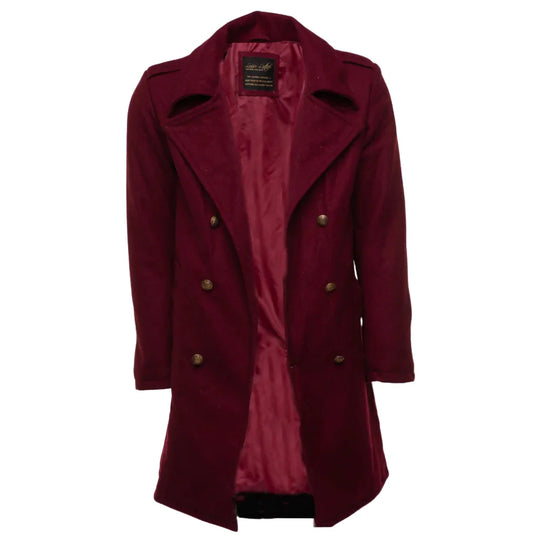A men's burgundy wool double-breasted coat shown open to reveal a smooth color-matched satin interior lining and the brand's woven neck label on a white background.