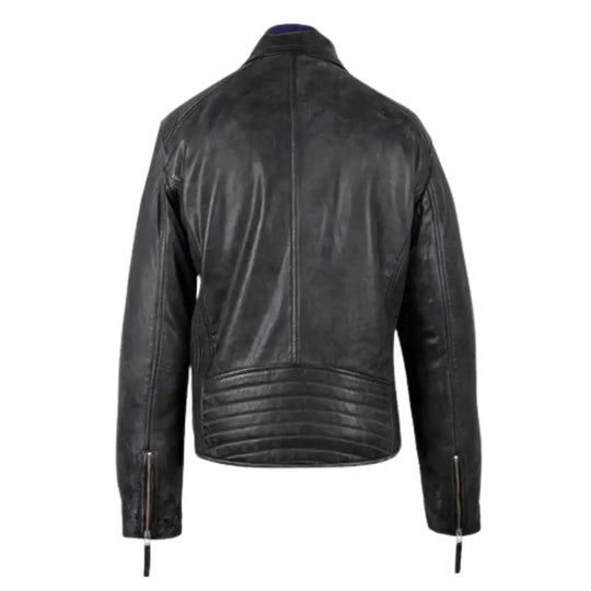 Back profile of men's Radom minimalist leather biker jacket