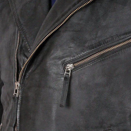 Close-up of collar and hardware on men's Radom black leather biker jacket