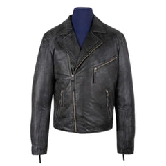Men's Radom black leather biker jacket shown from the front.