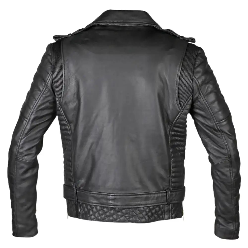 Rear design of Mercado's belted leather biker jacket with quilted detailing
