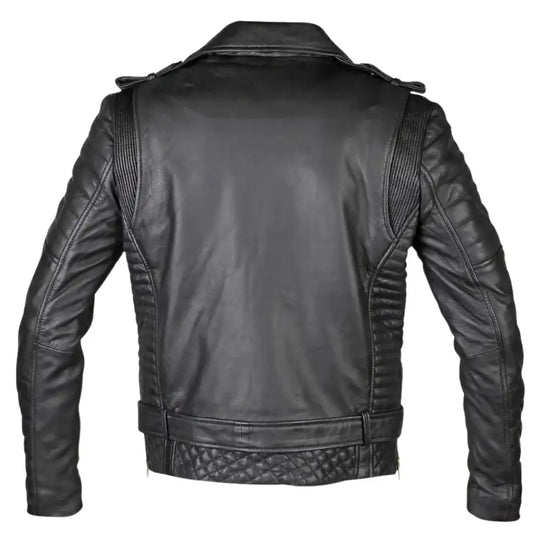 Rear design of Mercado's belted leather biker jacket with quilted detailing
