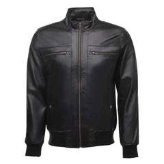 Messi Black Bomber Style Leather Jacket front view black leather bomber jacket with classic design