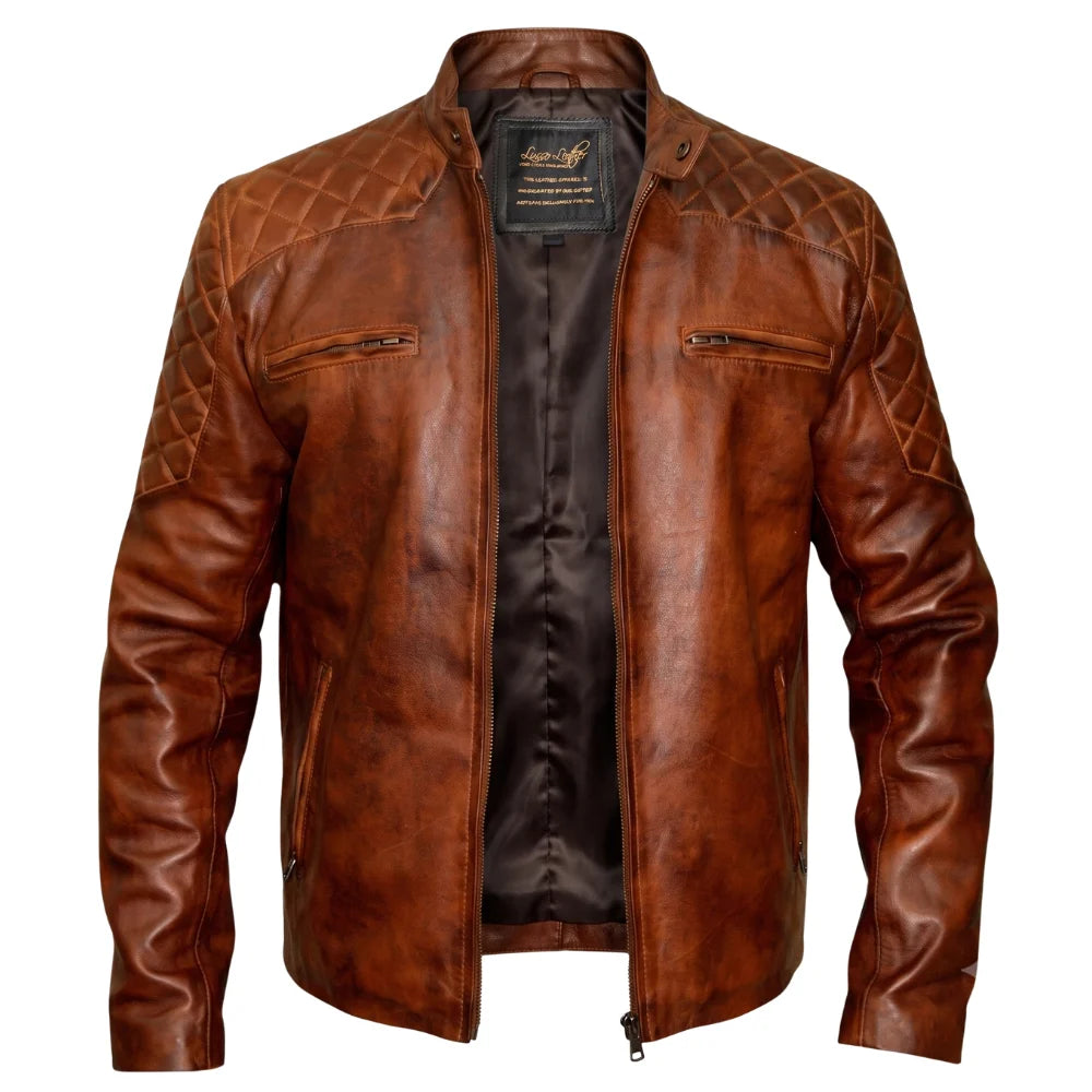 Vintage Tan cafe racer leather jacket with quilted patches