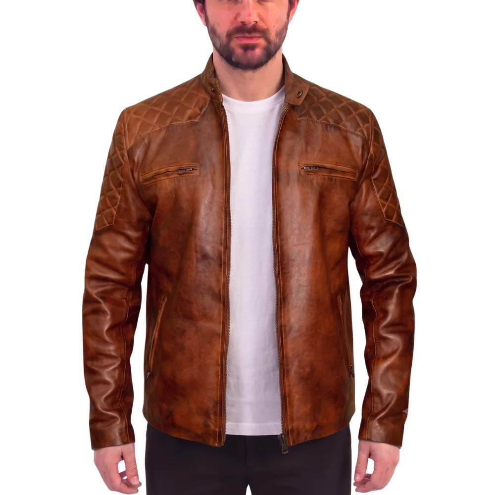 Vintage Tan cafe racer leather jacket with quilted patches