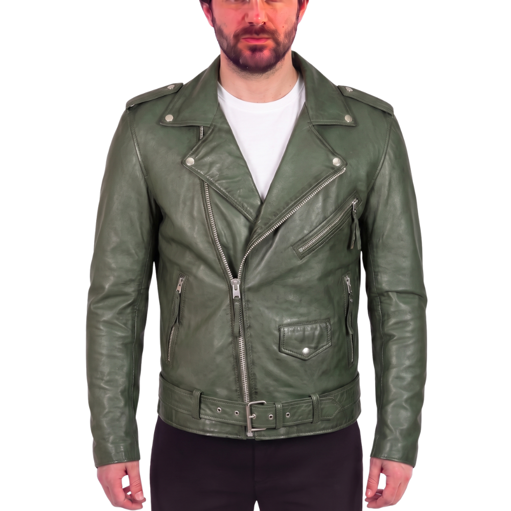 Sergeant Olive Green Belted Leather Biker Jacket