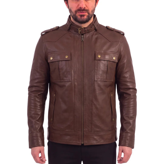 Brown leather jacket with collar belt