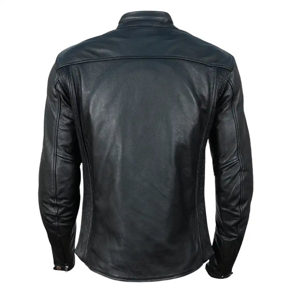 Back view of the Road Raptor leather jacket showing reinforced lumbar support and large accordion stretch panels for an aggressive riding stance.
