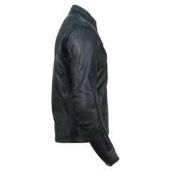 Side view of the Road Raptor leather jacket showing reinforced lumbar support and large accordion stretch panels for an aggressive riding stance.
