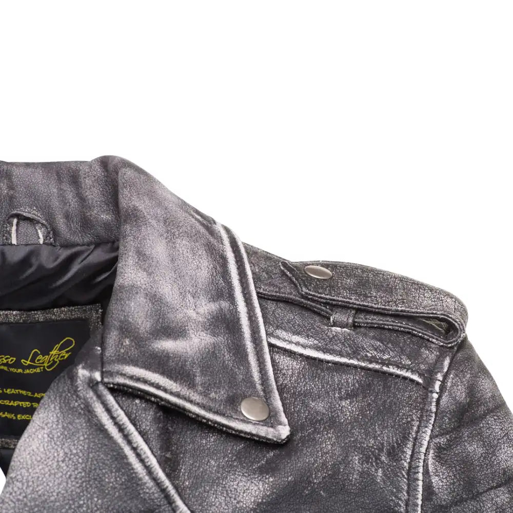 Closeup texture of stone wash leather on Miles Stone Wash Leather Biker Jacket