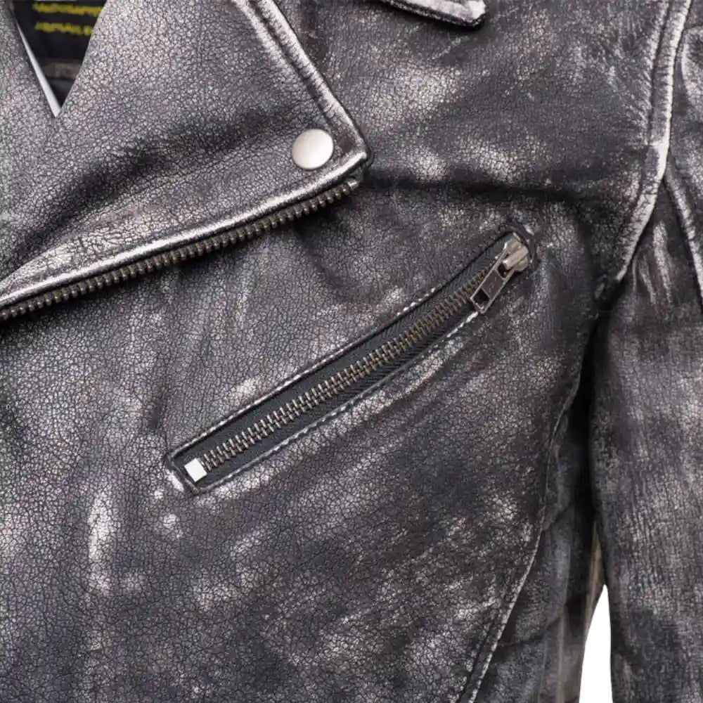 Closeup of collar and seam detailing on Miles Stone Wash Leather Biker Jacket