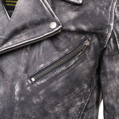 Closeup of collar and seam detailing on Miles Stone Wash Leather Biker Jacket