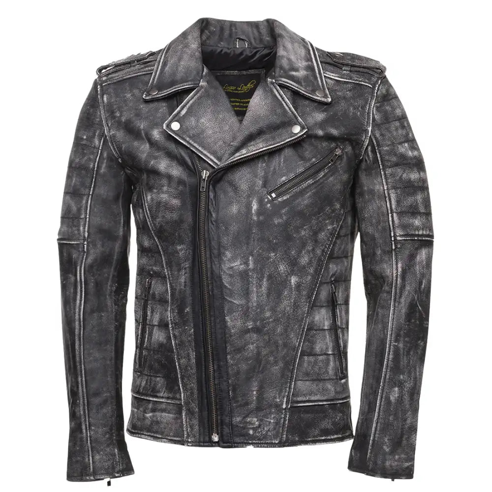 Front view of Miles Stone Wash Leather Biker Jacket with asymmetrical zipper